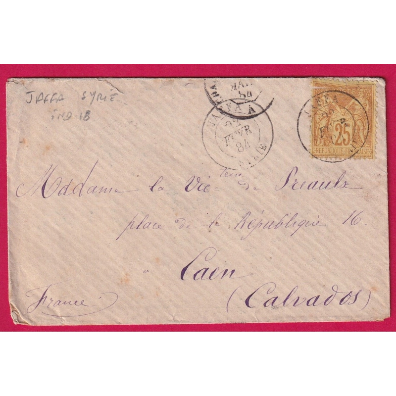 N°.92 CAD JAFFA SYRIE BFE 1884 INDICE 18 POUR CAEN CALVADOS ISRAEL LETTRE COVER