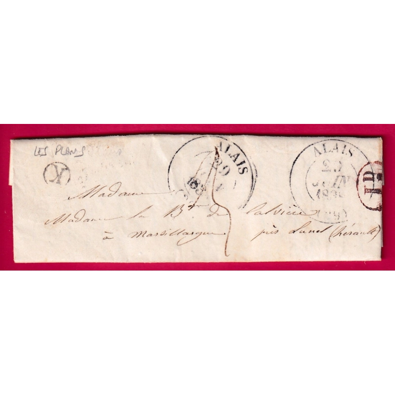 CAD TYPE 13 ALAIS GARD BOITE RURALE K LES PLANS + DECIME RURAL POUR MARSILLARGUE HERAULT 1838 LETTRE COVER