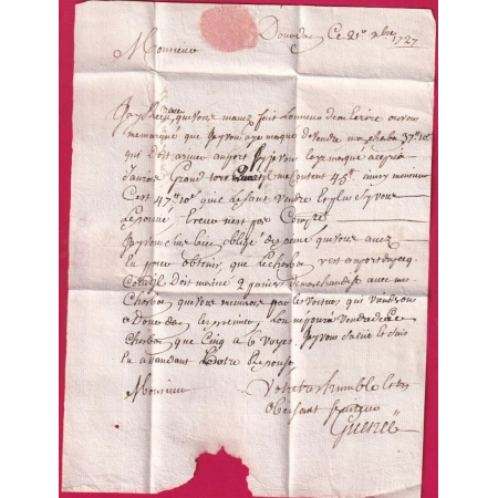 MARQUE MANUSCRIT DE DOURDAN SEINE ET OISE 1727 LENAIN N°1 INDICE 17 POUR LE PUY HAUTE LOIRE LETTRE COVER