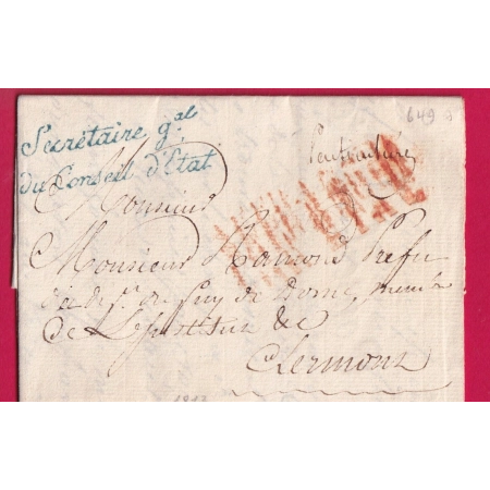 FRANCHISE LE SECRETAIRE GAL DU CONSEILLER D'ETAT PARIS 1813 POUR CLERMONT FERRAND PUY DE DOME LETTRE COVER