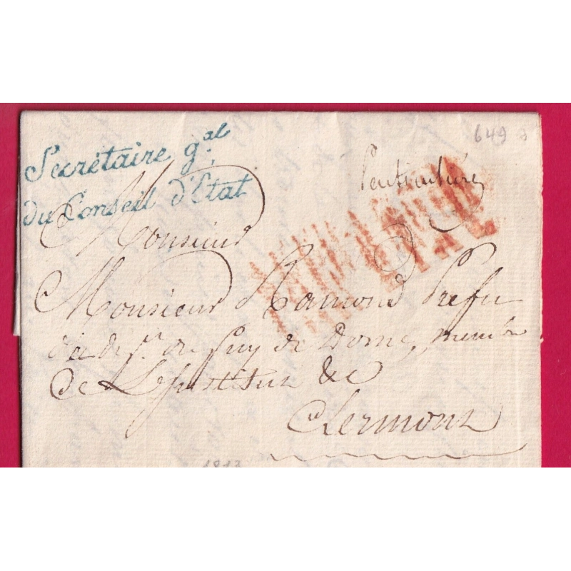 FRANCHISE LE SECRETAIRE GAL DU CONSEILLER D'ETAT PARIS 1813 POUR CLERMONT FERRAND PUY DE DOME LETTRE COVER