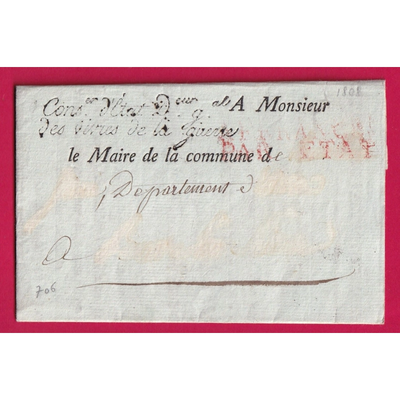 FRANCHISE CONSer ETAT DIRECTEUR DES VIVRES DE LA GUERRE PARIS 1808 IMPRIME LETTRE COVER
