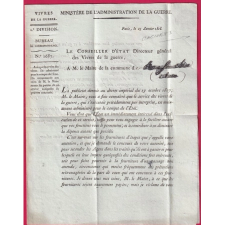 FRANCHISE CONSer ETAT DIRECTEUR DES VIVRES DE LA GUERRE PARIS 1808 IMPRIME LETTRE COVER