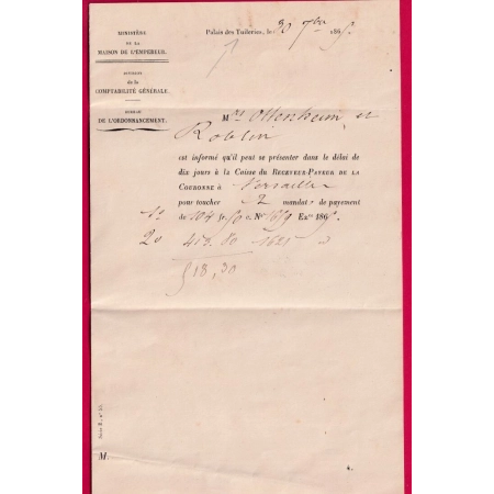 FRANCHISE SERVICE DE L'EMPEREUR MINISTRE MAISON DE L'EMPEREUR ET DES BEAUX ARTS PALAIS DES TUILERIES 1865 VERSAILLES