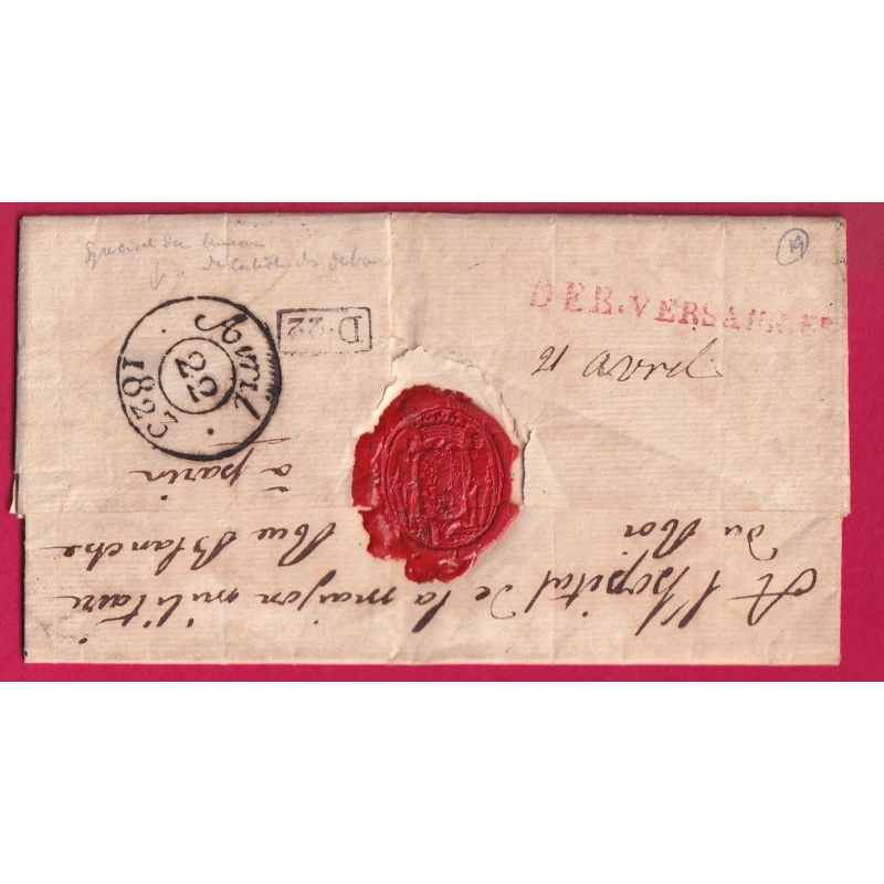 DEBOURSE DEB VERSAILLES EN ROUGE 1823 POUR PARIS INDICE 19 DEPART CLERMONT FERRAND PUY DE DOME LETTRE COVER