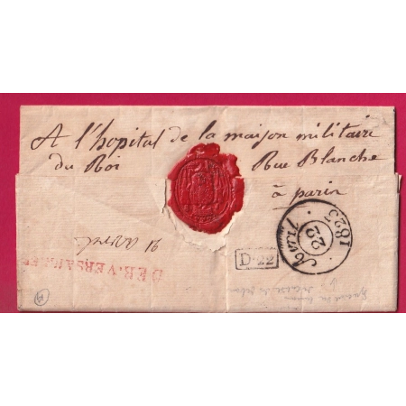 DEBOURSE DEB VERSAILLES EN ROUGE 1823 POUR PARIS INDICE 19 DEPART CLERMONT FERRAND PUY DE DOME LETTRE COVER