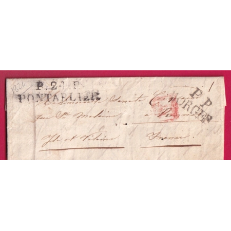 MARQUE P24P PONTARLIER UTILISE EN MARQUE D'ENTREE DEPART PP MORGES SUISSE 1826 POUR RENNES ILLE ET VILLAINE LETTRE COVER