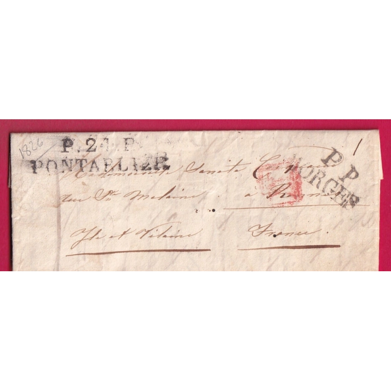 MARQUE P24P PONTARLIER UTILISE EN MARQUE D'ENTREE DEPART PP MORGES SUISSE 1826 POUR RENNES ILLE ET VILLAINE LETTRE COVER
