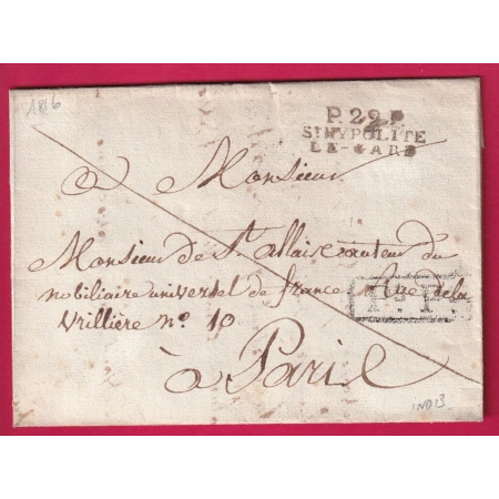 MARQUE P29P ST HIPPOLYTE DU GARD 1816 INDICE 13 POUR PARIS LETTRE COVER