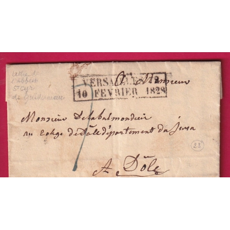 MARQUE ESSAI FEVRIER 1828 VERSAILLES SEINE ET OISE POUR DOLE JURA INDICE 23 LETTRE COVER