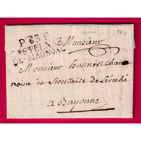 MARQUE P63P CASTELNAU DE MAGNOAC HAUTES PYRENEES 1817 POUR BAYONNE BASSES PYRENEES INDICE 17 38X16.5 LETTRE COVER