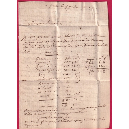 MARQUE P63P CASTELNAU DE MAGNOAC HAUTES PYRENEES 1817 POUR BAYONNE BASSES PYRENEES INDICE 17 38X16.5 LETTRE COVER