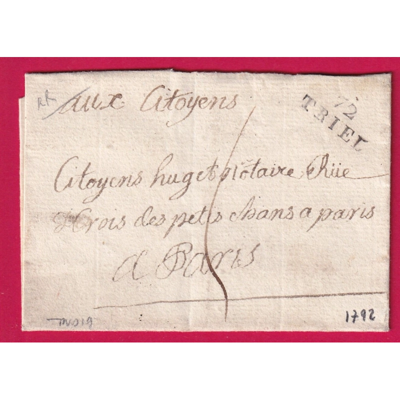 MARQUE 72 TRIEL SEINE ET OISE POUR PARIS INDICE 19 LETTRE COVER