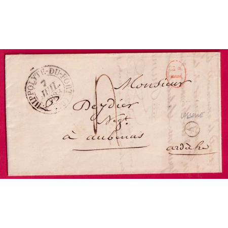 CAD TYPE 13 ST HIPPOLYTE DU FORT GARD BOITE RURALE A LASSALLE + DECIME RURAL POUR AUBENAS ARDECHE 1838 LETTRE COVER