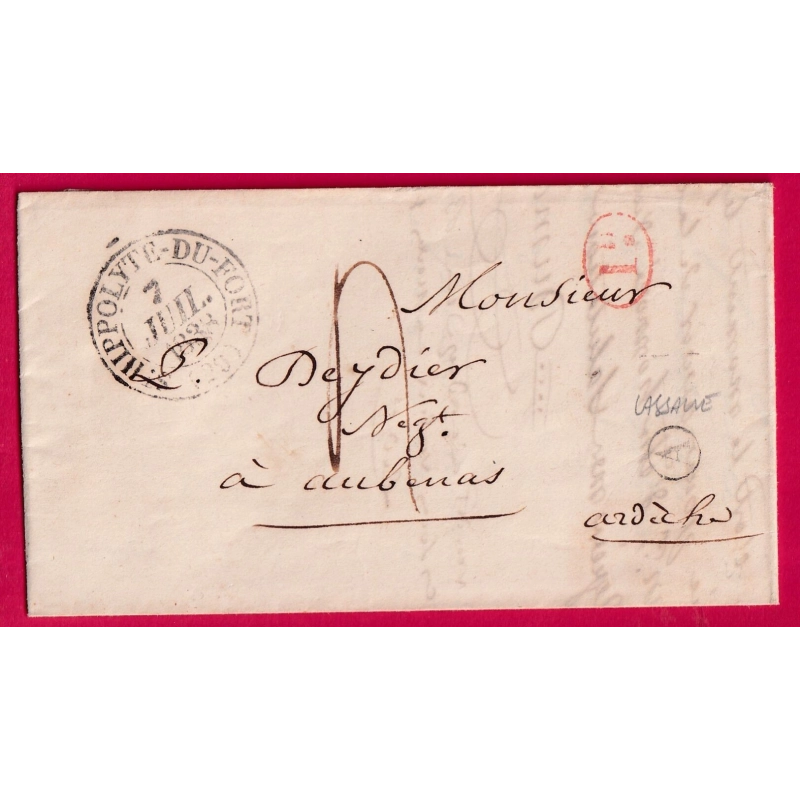 CAD TYPE 13 ST HIPPOLYTE DU FORT GARD BOITE RURALE A LASSALLE + DECIME RURAL POUR AUBENAS ARDECHE 1838 LETTRE COVER