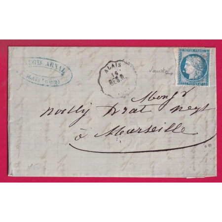 N°60 BELLE VARIETE BOULE DEVANT LE MENTON CONVOYEUR STATION ALAIS GARD POUR MARSEILLE LETTRE COVER