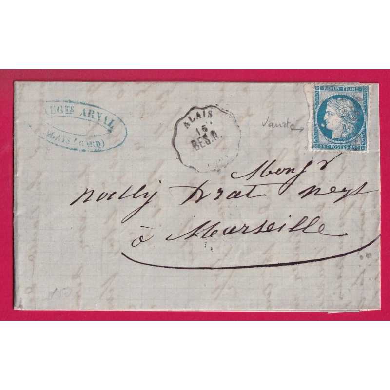 N°60 BELLE VARIETE BOULE DEVANT LE MENTON CONVOYEUR STATION ALAIS GARD POUR MARSEILLE LETTRE COVER