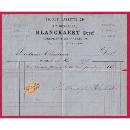 N°58 ANNULATION PLUME BLANCKAERT SUR FACTURE BIJOUTIER HORLOGER PARIS 1873 SIGNE CALVES LETTRE COVER