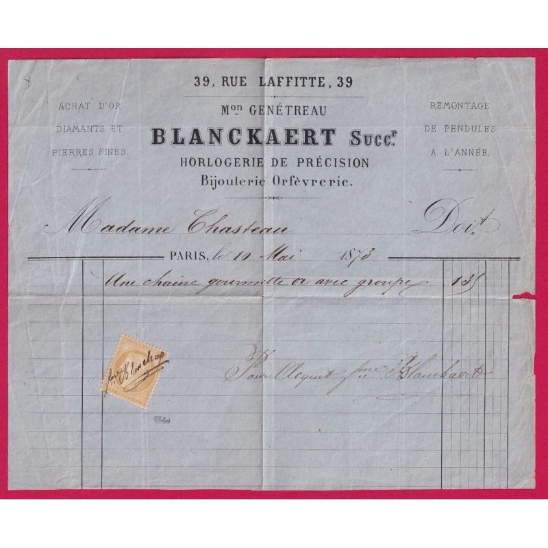 N°58 ANNULATION PLUME BLANCKAERT SUR FACTURE BIJOUTIER HORLOGER PARIS 1873 SIGNE CALVES LETTRE COVER
