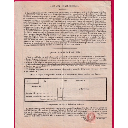 N°51 SEUL SUR AVIS CONTRIBUTION CAD TYPE 17 CHATEAU CHINON NIEVRE 1874 LETTRE COVER