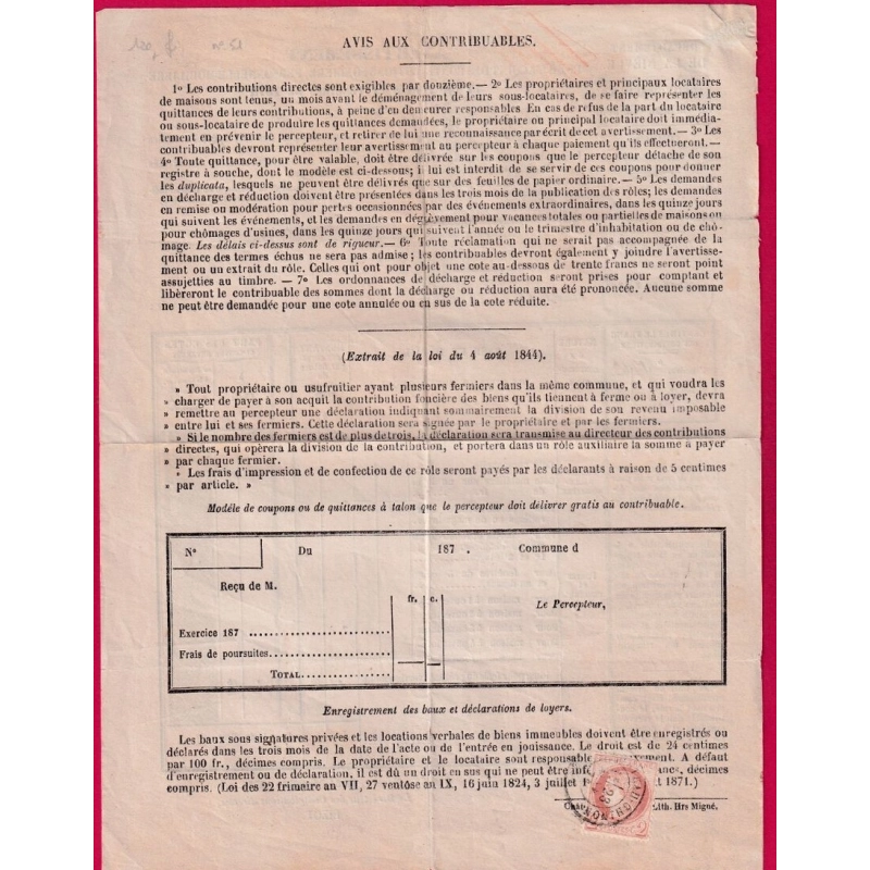 N°51 SEUL SUR AVIS CONTRIBUTION CAD TYPE 17 CHATEAU CHINON NIEVRE 1874 LETTRE COVER