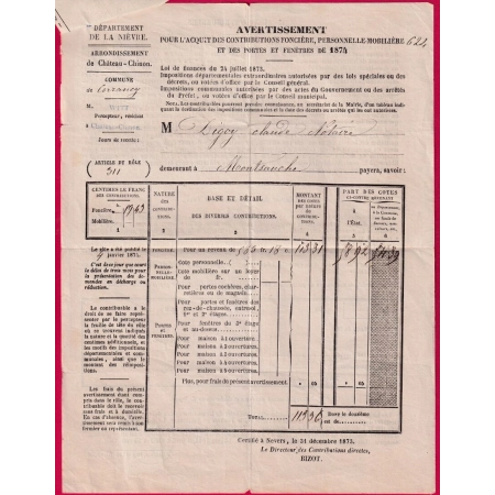 N°51 SEUL SUR AVIS CONTRIBUTION CAD TYPE 17 CHATEAU CHINON NIEVRE 1874 LETTRE COVER