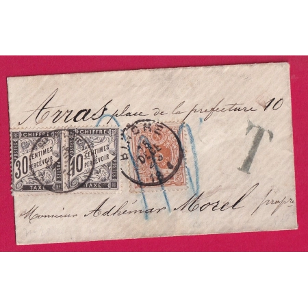 TIMBRE BELGE BINCHE BELGIQUE 1884 TAXE A 40C TYPE DUVAL 30 +10 POUR ARRAS PAS DE CALAIS LETTRE COVER
