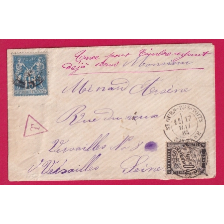 N°90 ST OUEN DES TOITS MAYENNE 1884 TAXE TYPE DUVAL 30C NOIR + TRIANGLE TAXE EN ROUGE TIMBRE AYANT DEJA SERVI LETTRE