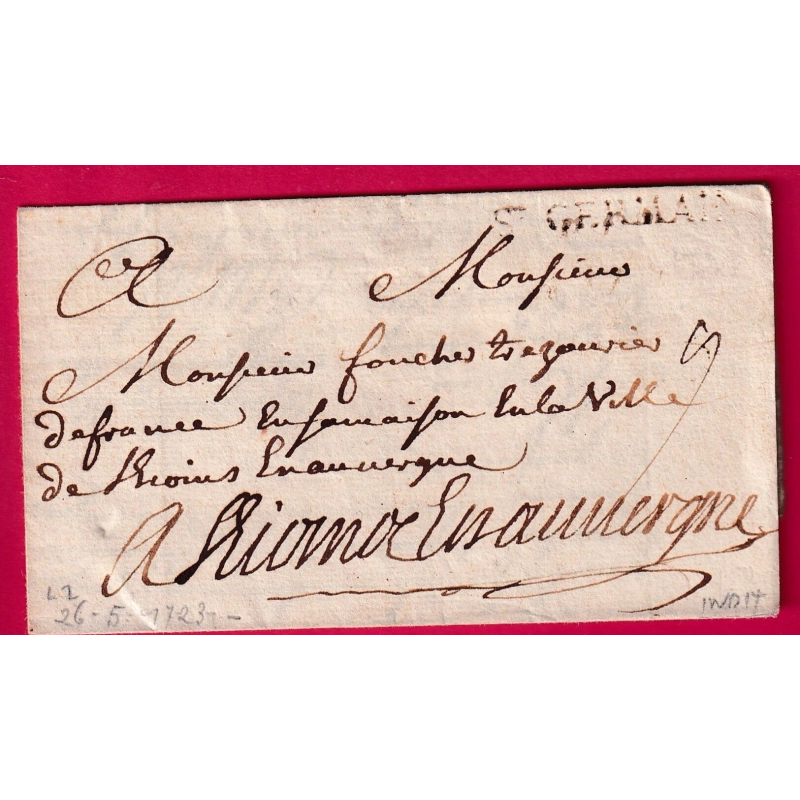 MARQUE ST GERMAIN SEINE ET OISE 1723 ST GERMAIN EN LAYE LENAIN N°1 INDICE 14 POUR RIOM PUY DE DOME LETTRE COVER