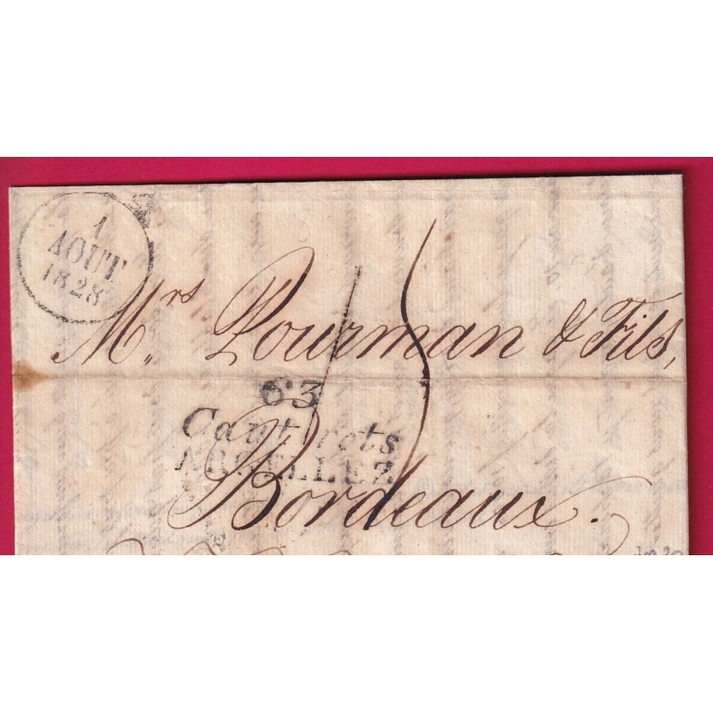 DOUBLE CURSIVE 63 CAUTERETS ARGELLEZ HAUTES PYRENEES POUR BORDEAUX 1828 INDICE 20 LETTRE COVER