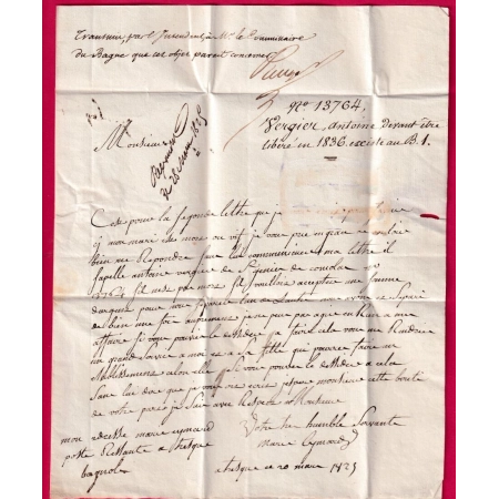 LETTRE ADRESSEE AU BAGNE DE TOULON MARQUE P29P BAGNOLS GARD 1825 POUR TOULON VAR CENSURE DANS TEXTE  LETTRE COVER
