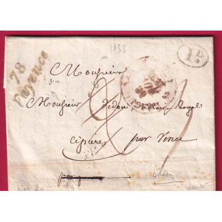 CURSIVE 78 FAYENCE EN BLEU SIGNE BAUDOT 1833 + CAD TYPE 12 DRAGUIGNAN EN ROUGE POUR VENCE INDICE 20 LETTRE COVER
