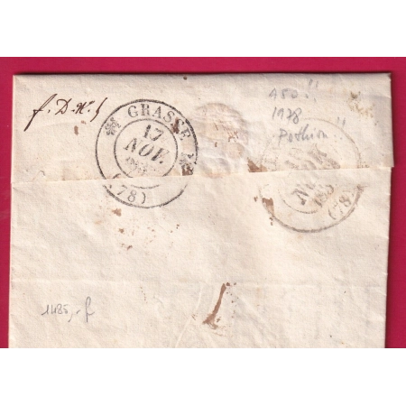CURSIVE 78 FAYENCE EN BLEU SIGNE BAUDOT 1833 + CAD TYPE 12 DRAGUIGNAN EN ROUGE POUR VENCE INDICE 20 LETTRE COVER