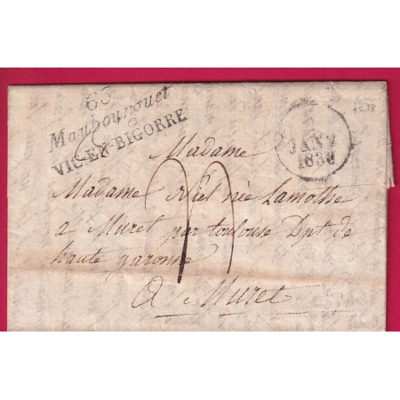 DOUBLE CURSIVE 63 MAUBOURGUET VIC EN BIGORRE HAUTES PYRENNES 1830 POUR MURET HAUTE GARONNE INDICE 18 LETTRE COVER