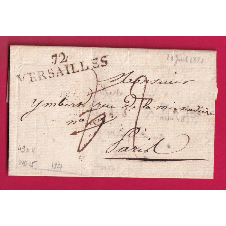 MARQUE 72 VERSAILLES SEINE ET OISE 49X11 1821 INDICE 15 POUR PARIS TAXE MODIFIEE LETTRE REUTILISEE PARIS COVER