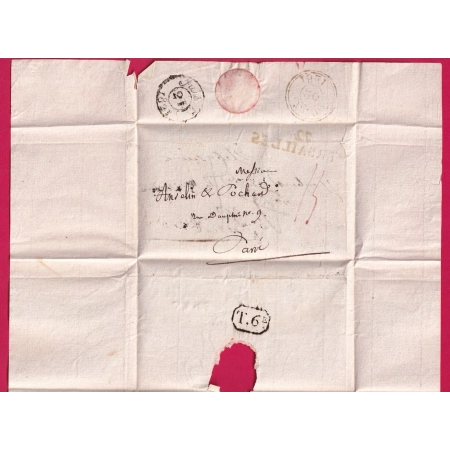 MARQUE 72 VERSAILLES SEINE ET OISE 49X11 1821 INDICE 15 POUR PARIS TAXE MODIFIEE LETTRE REUTILISEE PARIS COVER