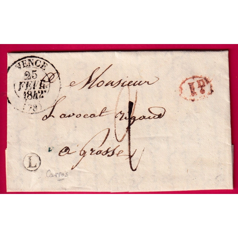 CAD TYPE 13 VENCE VAR BOITE RURALE L GARROS DECIME RURALE POUR GRASSE ALPES MARITIMES 1842 LETTRE COVER