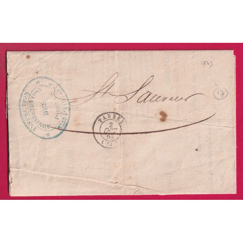 FRANCHISE INSPECTION DES POSTES TARBES HAUTES PYRENEES1863 POUR ST SAUVEUR LETTRE COVER