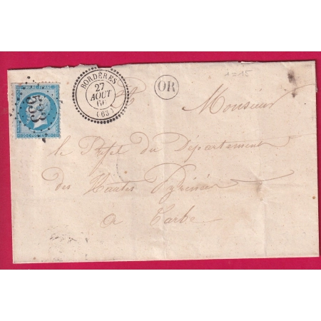 N°22 GC 533 BORDERES HAUTES PYRENEES  CAD TYPE 22 POUR TARBES INDICE 15 LETTRE COVER