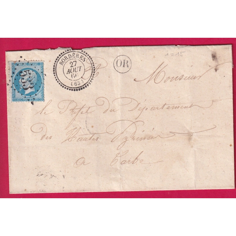 N°22 GC 533 BORDERES HAUTES PYRENEES  CAD TYPE 22 POUR TARBES INDICE 15 LETTRE COVER