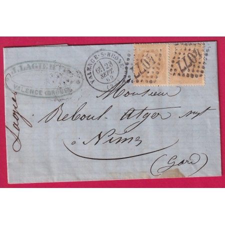 N°28 PAIRE GC 4077 VALENCE SUR RHONE DROME POUR NIMES GARD 1869 LETTRE COVER