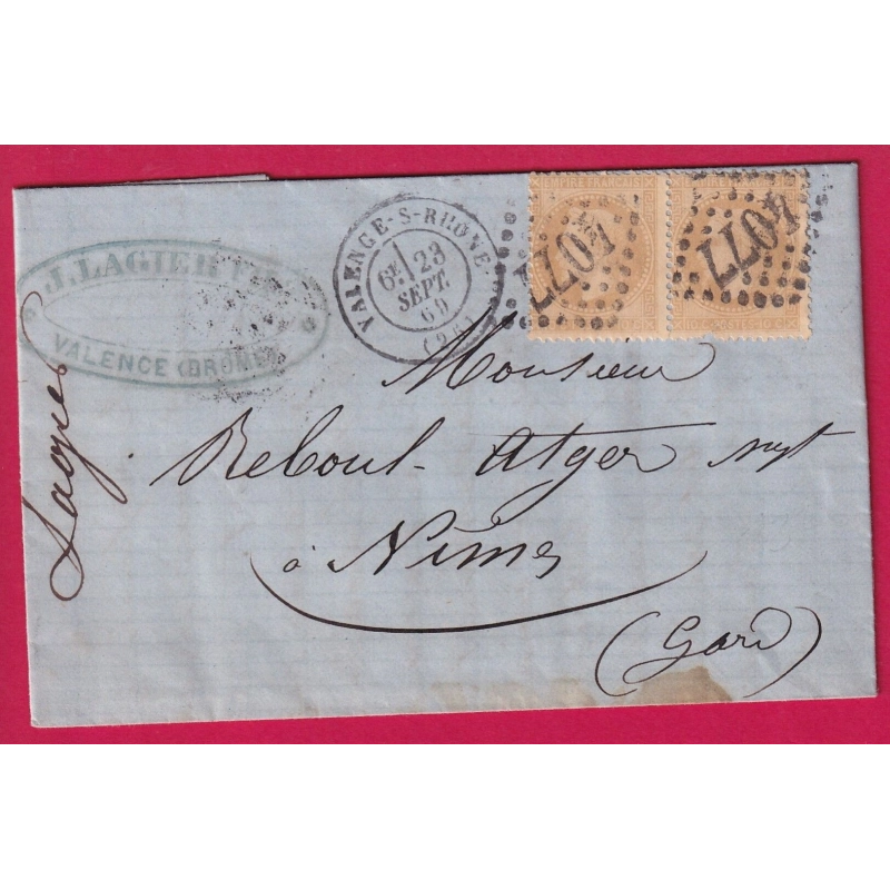 N°28 PAIRE GC 4077 VALENCE SUR RHONE DROME POUR NIMES GARD 1869 LETTRE COVER