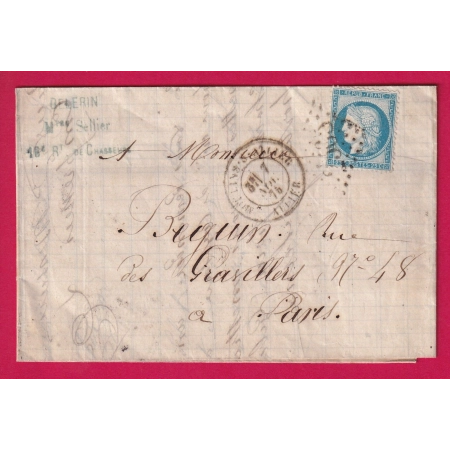 N°60 GC 2565 MOULINS ALLIER CAD TYPE 18 POUR PARIS 1875 LETTRE COVER