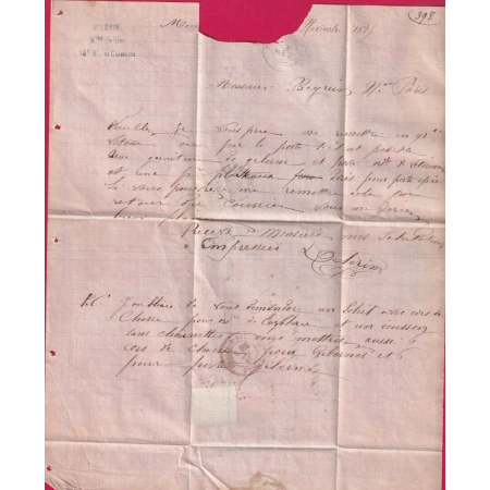 N°60 GC 2565 MOULINS ALLIER CAD TYPE 18 POUR PARIS 1875 LETTRE COVER