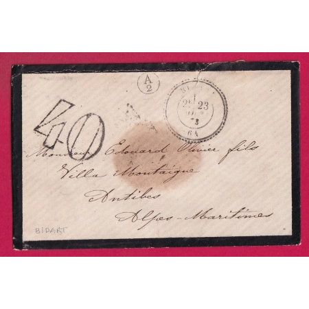 CAD TYPE 24 BIDART BASSES PYRENEES TAXE TAMPON 40 1873 BOITE RURALE A2 POUR ANTIBES ALPES MARITIMES  LETTRE COVER