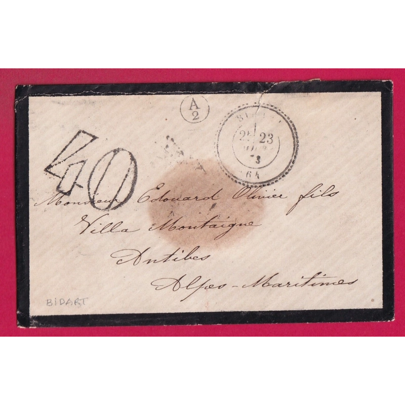 CAD TYPE 24 BIDART BASSES PYRENEES TAXE TAMPON 40 1873 BOITE RURALE A2 POUR ANTIBES ALPES MARITIMES  LETTRE COVER