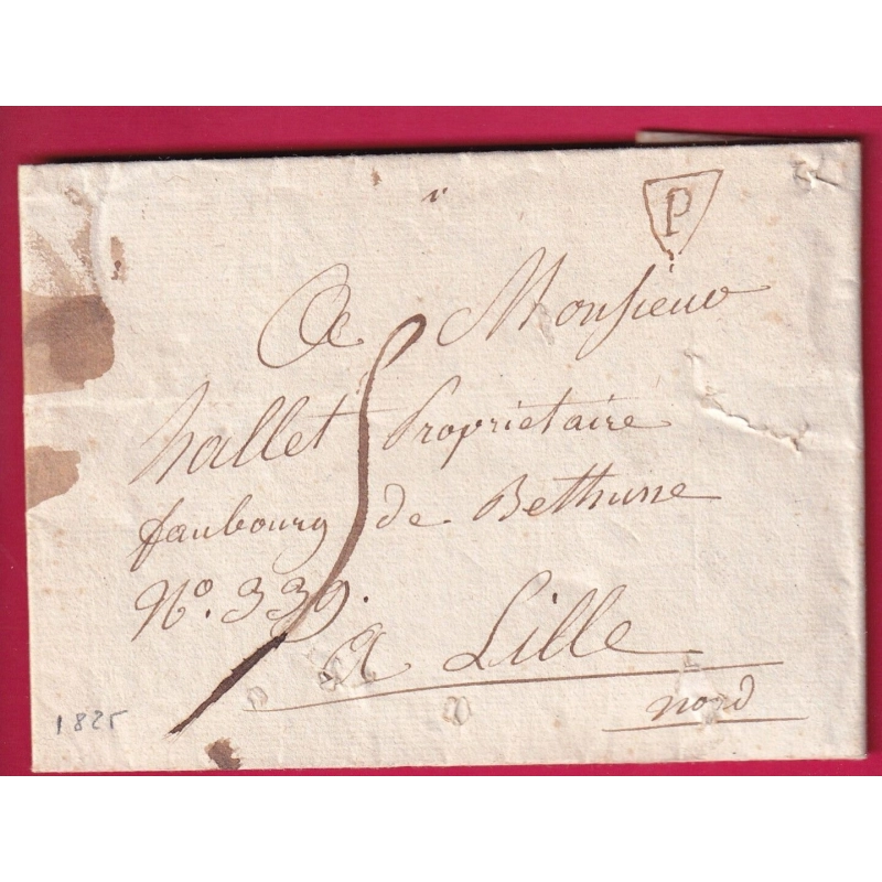MARQUE P DE PARIS MANUSCRIT CURIOSITE 1825 POUR LILLE NORD LETTRE COVER