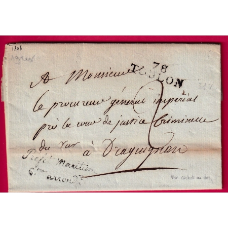 FRANCHISE PREFET MARITIME 6EME ARROND TOULON VAR 1806 POUR DRAGUIGNAN AU DOS MARINE ET COLONIES LETTRE COVER