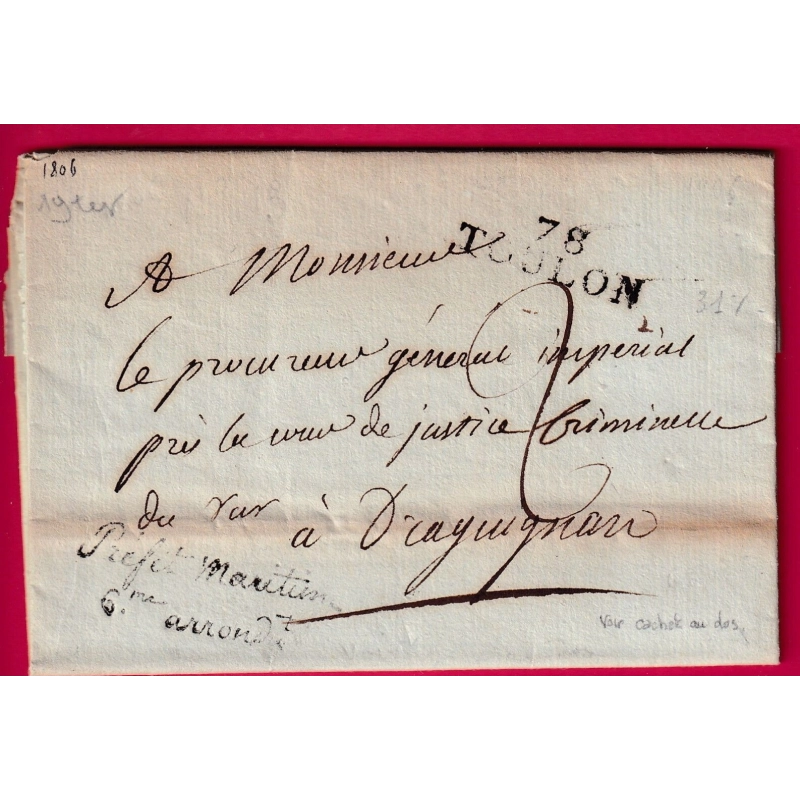 FRANCHISE PREFET MARITIME 6EME ARROND TOULON VAR 1806 POUR DRAGUIGNAN AU DOS MARINE ET COLONIES LETTRE COVER
