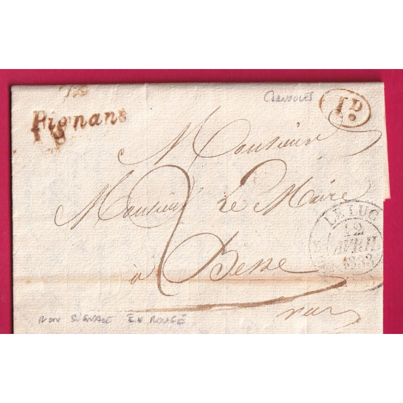 CURSIVE EN ROUGE 78 PIGNANS RARE NON SIGNALE POTHION DECIME RURALE DE CARNOULES TYPE 11 LE LUC POUR BESSE LETTRE COVER